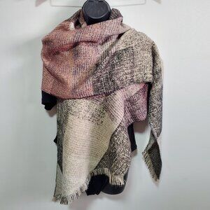 V. FRAAS Knit Asymmetrical Wrap Scarf Shawl Plaid Fringe Pink Grey 98" x 17"